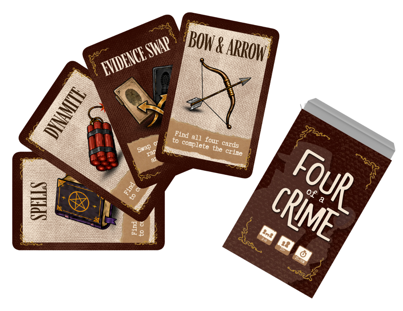 Four of a Crime cards fanned beside the printable game box